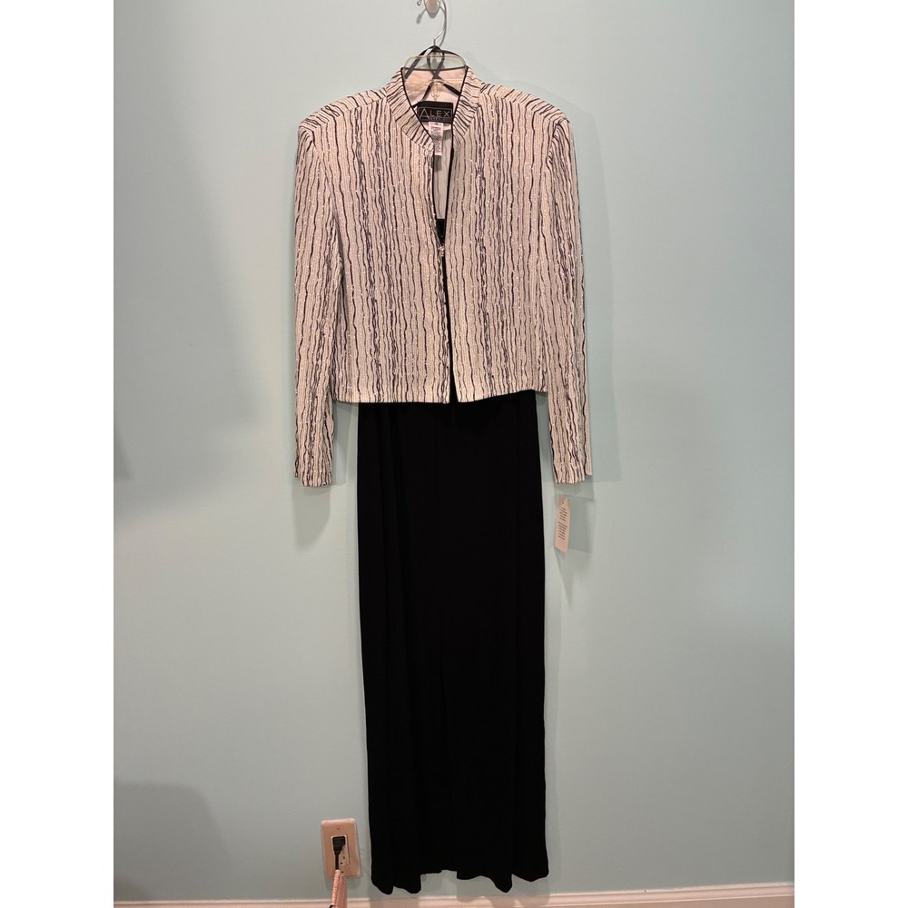 Alex Evenings Womens 2pc Sequin Jacket and Maxi Dress Set Black Silver Size 10